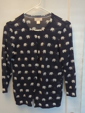 LOFT Navy and White Elephant Print Cardigan